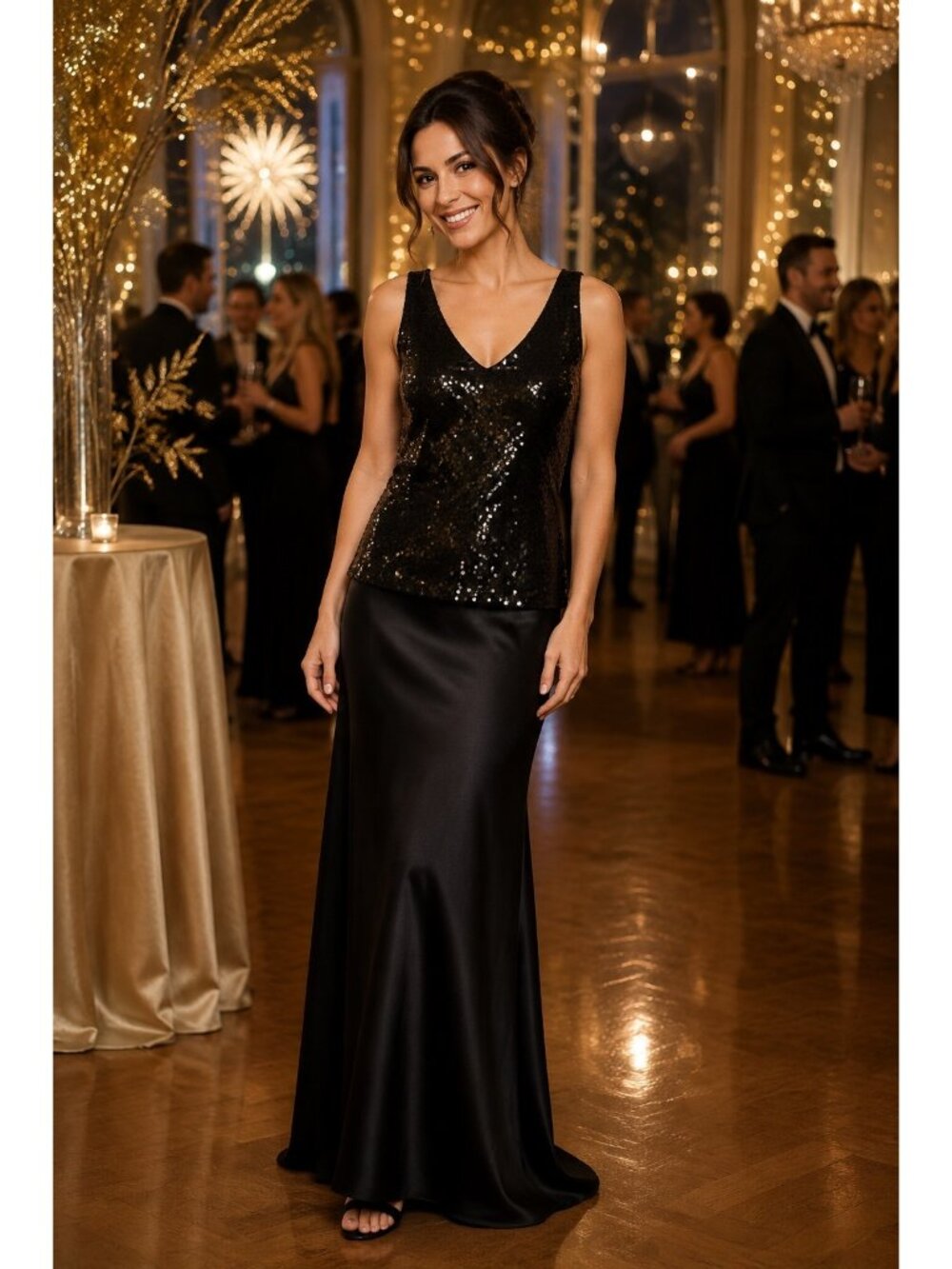 White + Warren Top Sequined Sleeveless V-Neck Silk Black